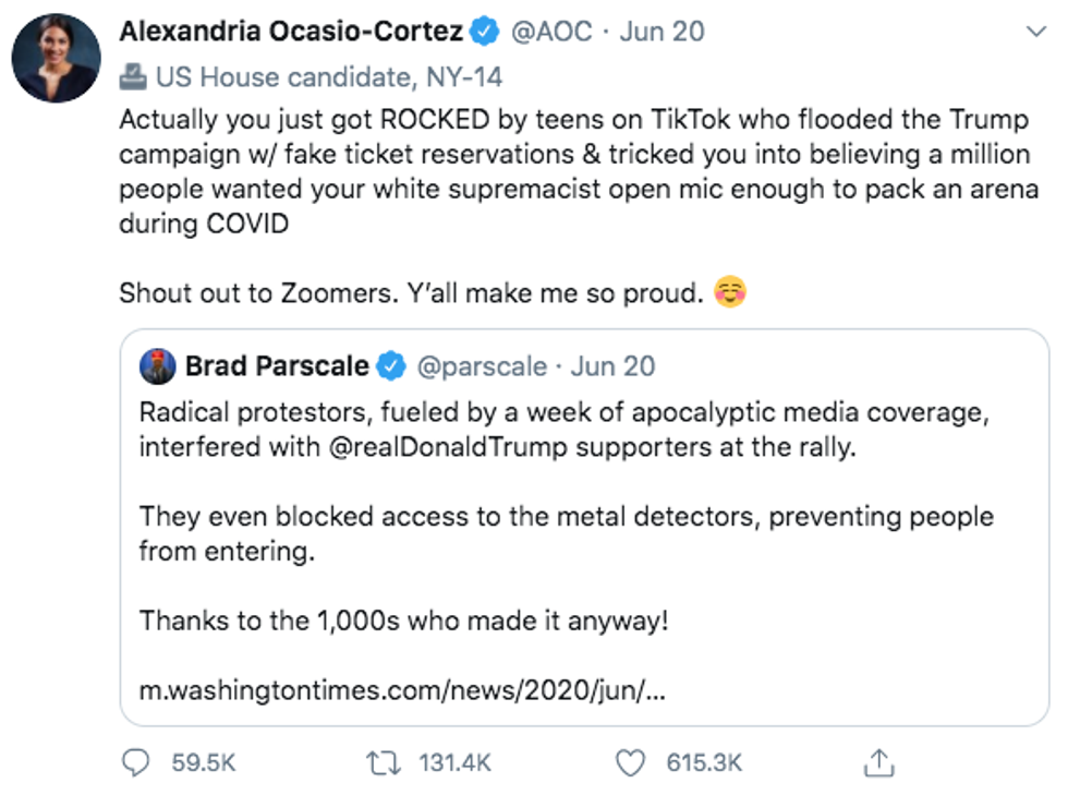 Tweet by Congresswoman Alexandria Ocasio-Cortez, responding to Trump's campaign manager Brad Parscale. AOC's tweet reads:  "Actually you just got ROCKED by teens on TikTok who flooded the Trump campaign w/ fake ticket reservations & tricked you into believing a million people wanted your white supremacist open mic enough to pack an arena during COVID  Shout out to Zoomers. Yu2019all make me so proud." 