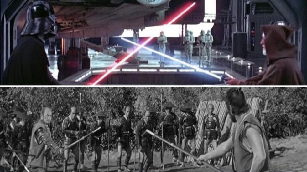 Comparison of the framing of climactic fights in "Star Wars Episode IV" and Akira Kurosawa's "The Hidden Fortress"