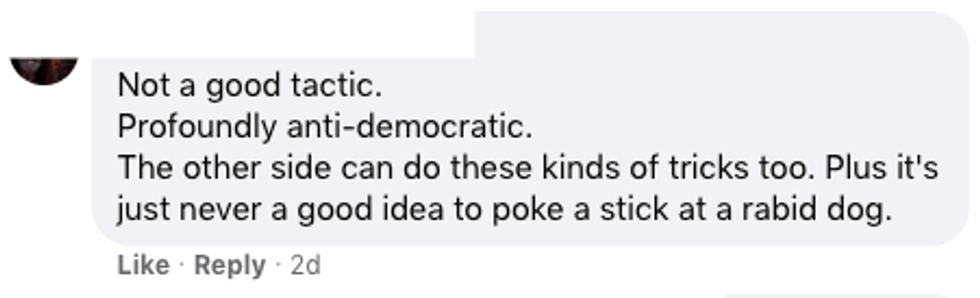 Screenshot of a Facebook comment that reads: "not a good tactic. Profoundly anti-democratic. The other side can do these kinds of tricks, too. Plus it's never a good idea to poke a stick at a rabid dog."