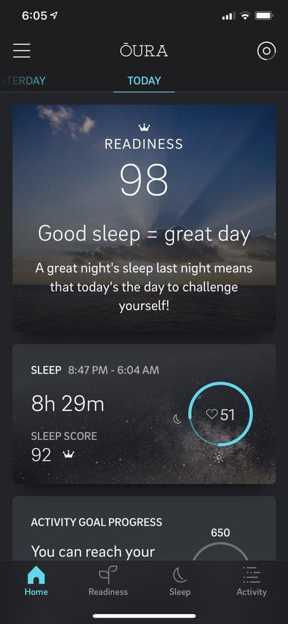 screenshot of oura app stats